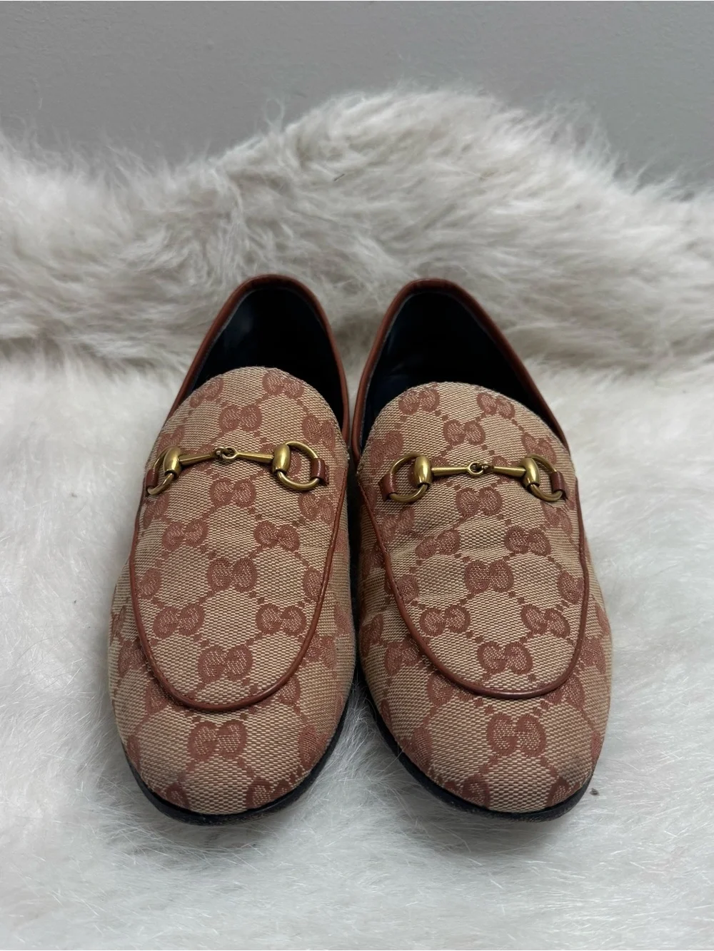 Gucci Jordaan GG Monogram Horsebit Tan Loafers 39.5